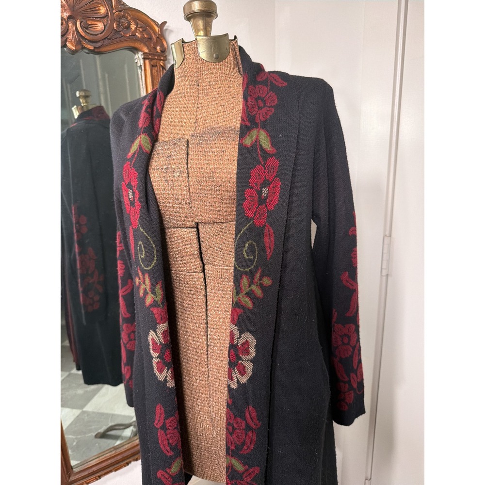 Maxsport Womens Black Red Floral Embroidered Longline Cardigan Duster Sweater M - Picture 2 of 6